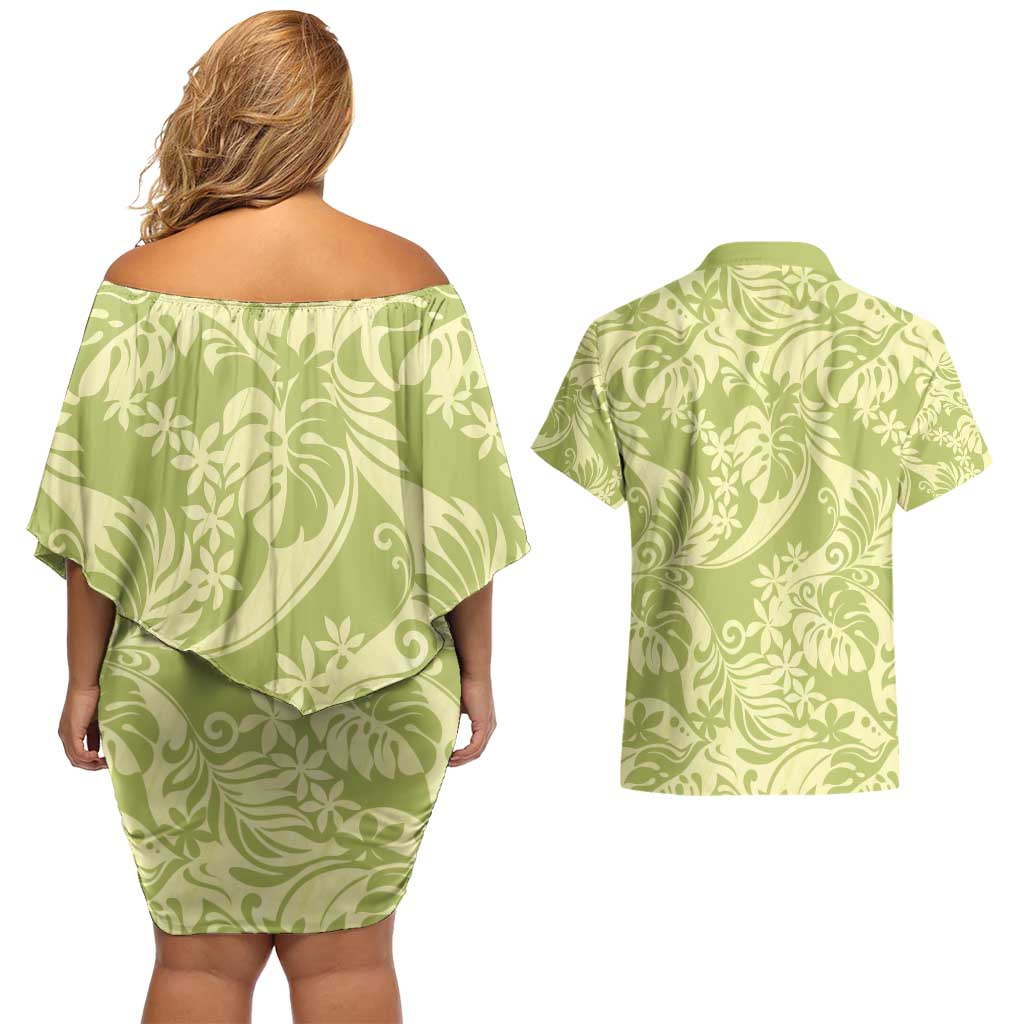 Tahiti Olive Tiare Floral Couples Matching Off Shoulder Short Dress and Hawaiian Shirt Monstera Palm Tropical Leaves - Polynesian Pride