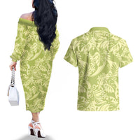 Tahiti Olive Tiare Floral Couples Matching Off The Shoulder Long Sleeve Dress and Hawaiian Shirt Monstera Palm Tropical Leaves - Polynesian Pride