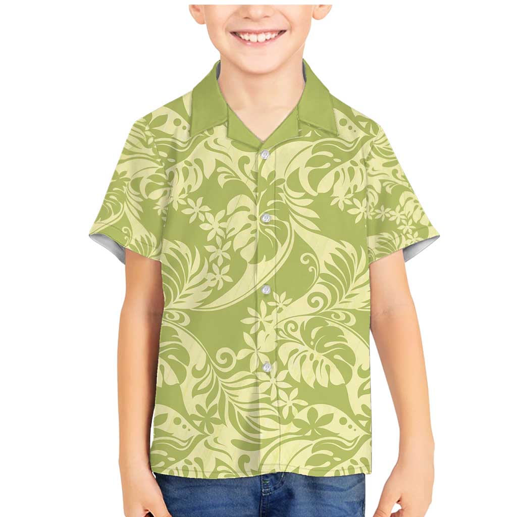 Tahiti Olive Tiare Floral Family Matching Mermaid Dress and Hawaiian Shirt Monstera Palm Tropical Leaves - Polynesian Pride