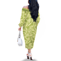 Tahiti Olive Tiare Floral Family Matching Off The Shoulder Long Sleeve Dress and Hawaiian Shirt Monstera Palm Tropical Leaves - Polynesian Pride