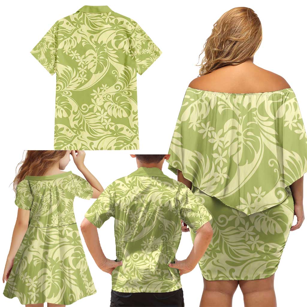 Tahiti Olive Tiare Floral Family Matching Off Shoulder Short Dress and Hawaiian Shirt Monstera Palm Tropical Leaves - Polynesian Pride