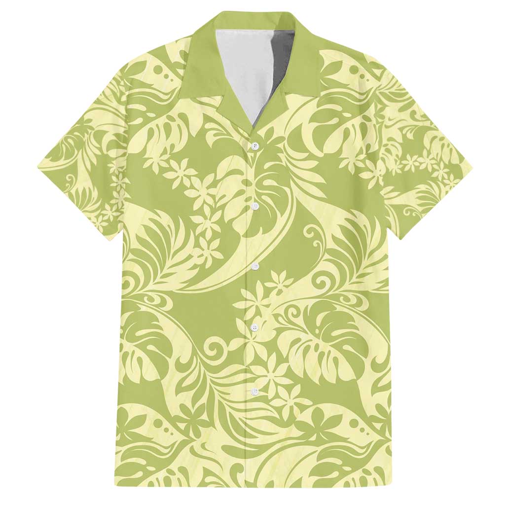 Tahiti Olive Tiare Floral Family Matching Off Shoulder Short Dress and Hawaiian Shirt Monstera Palm Tropical Leaves - Polynesian Pride