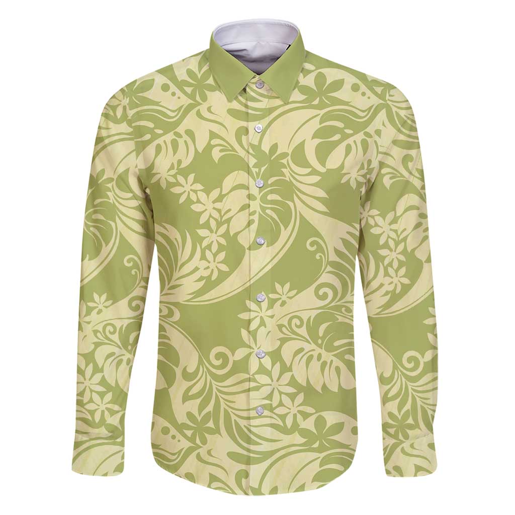 Tahiti Olive Tiare Floral Family Matching Puletasi and Hawaiian Shirt Monstera Palm Tropical Leaves - Polynesian Pride