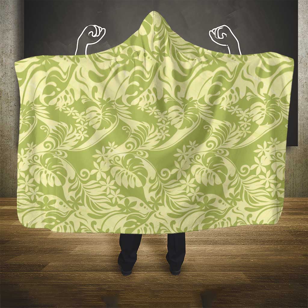 Tahiti Olive Tiare Floral Hooded Blanket Monstera Palm Tropical Leaves - Polynesian Pride