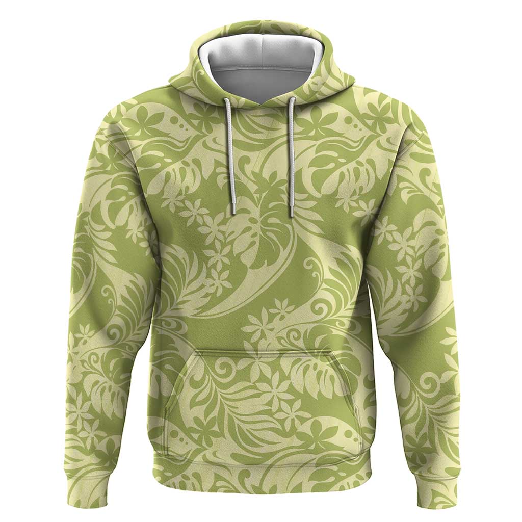 Tahiti Olive Tiare Floral Hoodie Monstera Palm Tropical Leaves - Polynesian Pride