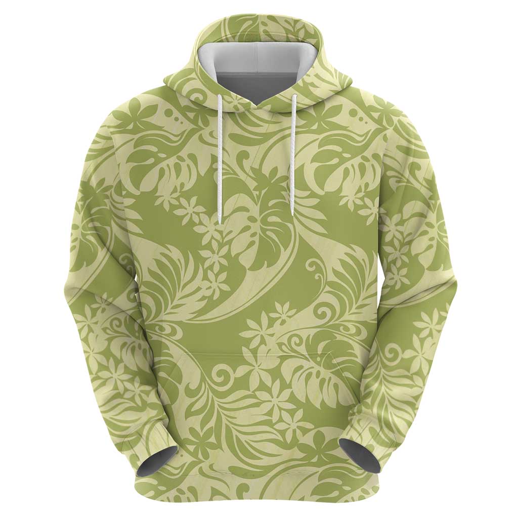 Tahiti Olive Tiare Floral Hoodie Monstera Palm Tropical Leaves - Polynesian Pride
