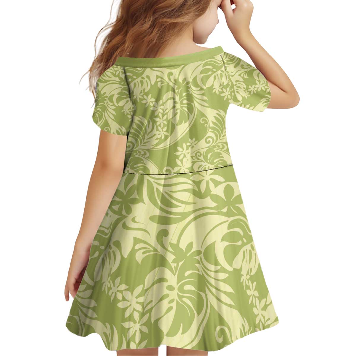 Tahiti Olive Tiare Floral Kid Short Sleeve Dress Monstera Palm Tropical Leaves - Polynesian Pride