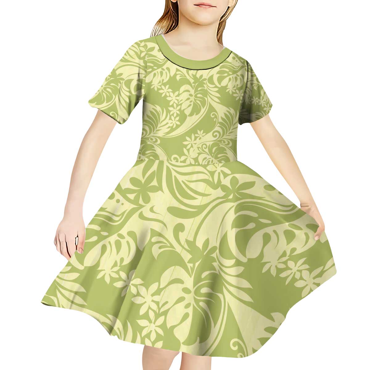 Tahiti Olive Tiare Floral Kid Short Sleeve Dress Monstera Palm Tropical Leaves - Polynesian Pride