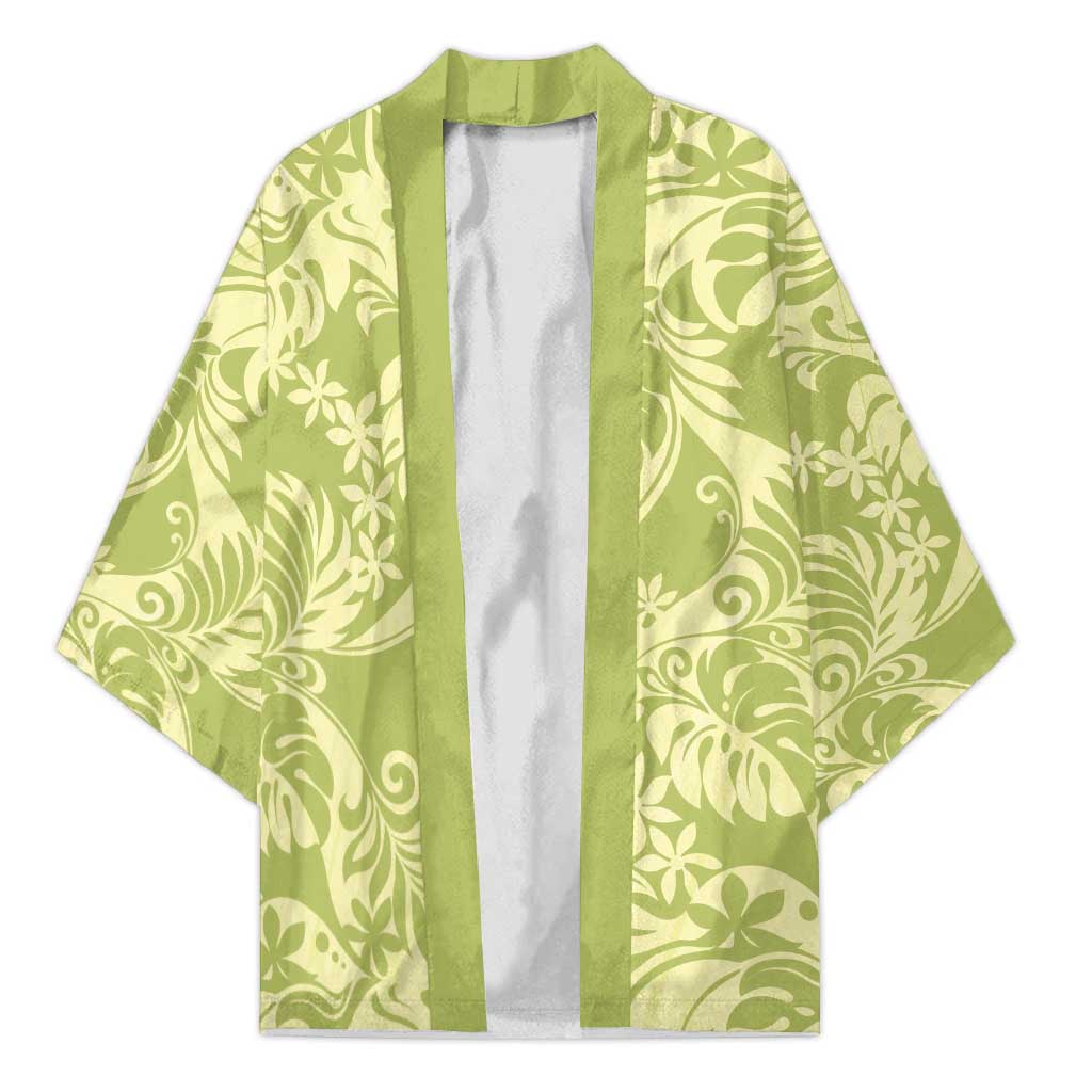 Tahiti Olive Tiare Floral Kimono Monstera Palm Tropical Leaves - Polynesian Pride