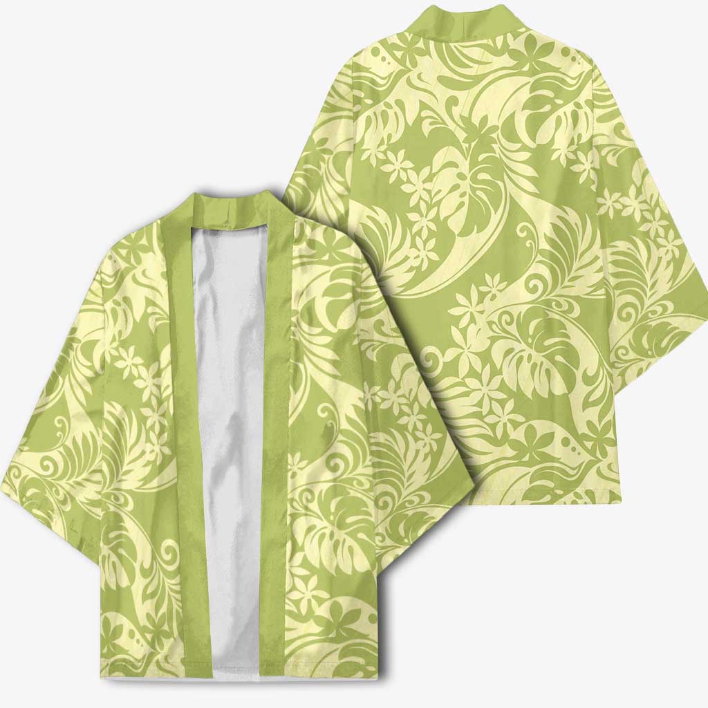 Tahiti Olive Tiare Floral Kimono Monstera Palm Tropical Leaves - Polynesian Pride