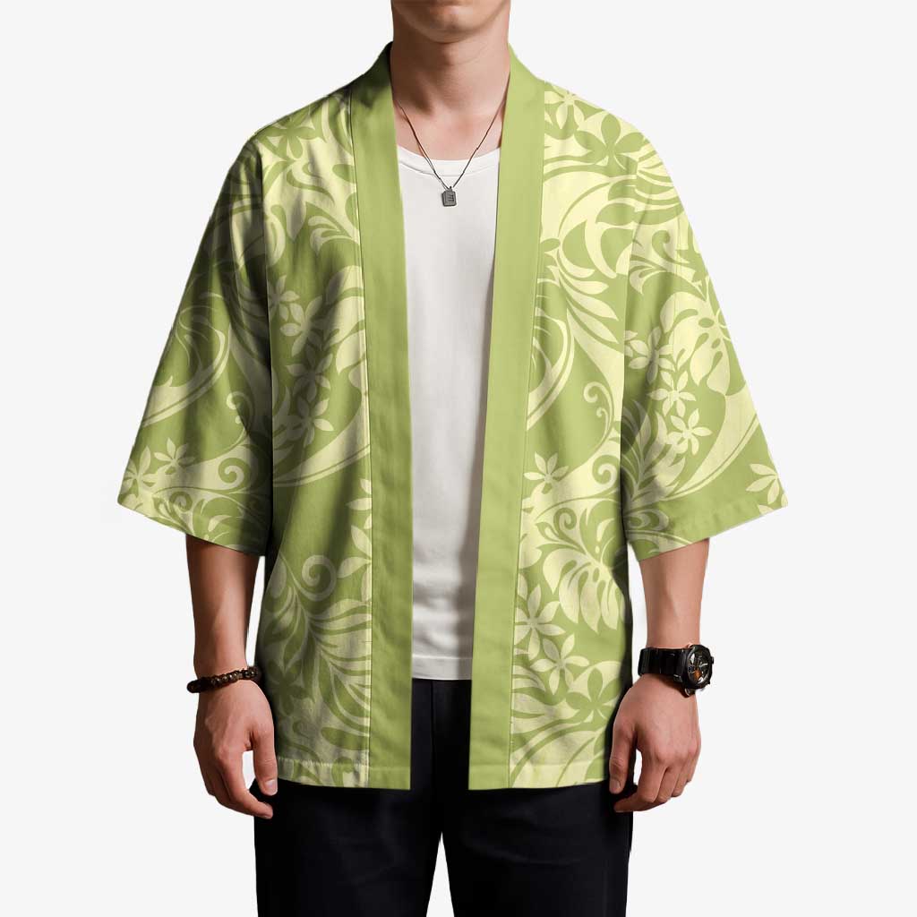 Tahiti Olive Tiare Floral Kimono Monstera Palm Tropical Leaves - Polynesian Pride