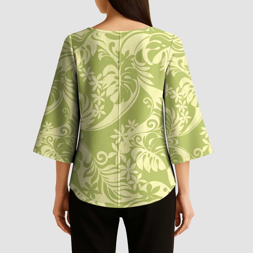 Tahiti Olive Tiare Floral Kimono Sleeve Blouse Monstera Palm Tropical Leaves - Polynesian Pride