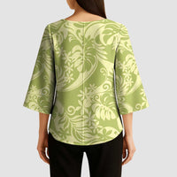 Tahiti Olive Tiare Floral Kimono Sleeve Blouse Monstera Palm Tropical Leaves - Polynesian Pride