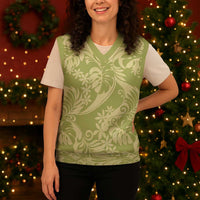 Tahiti Olive Tiare Floral Christmas Knitted V-Neck Vest Monstera Palm Tropical Leaves - Polynesian Pride
