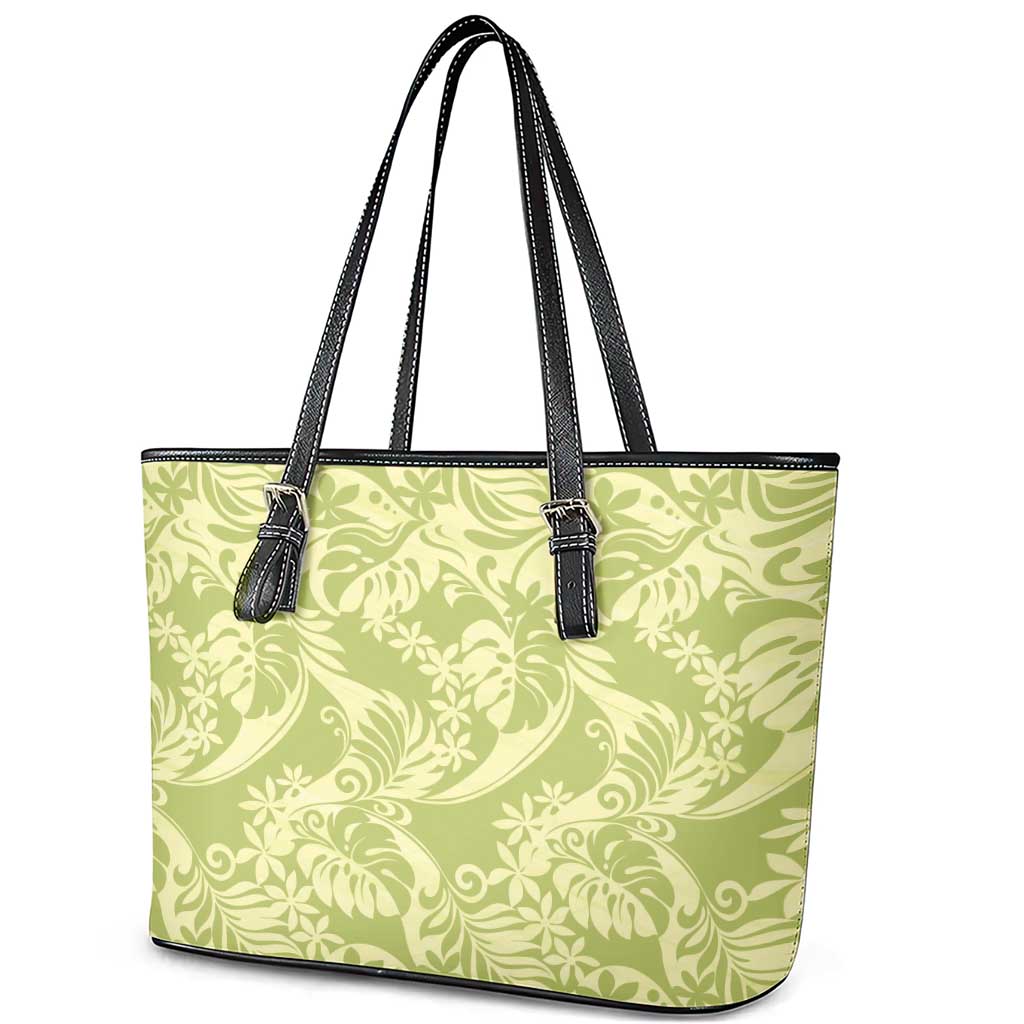 Tahiti Olive Tiare Floral Leather Tote Bag Monstera Palm Tropical Leaves - Polynesian Pride