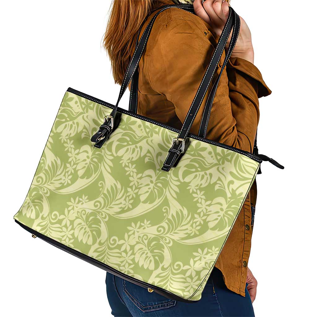 Tahiti Olive Tiare Floral Leather Tote Bag Monstera Palm Tropical Leaves - Polynesian Pride