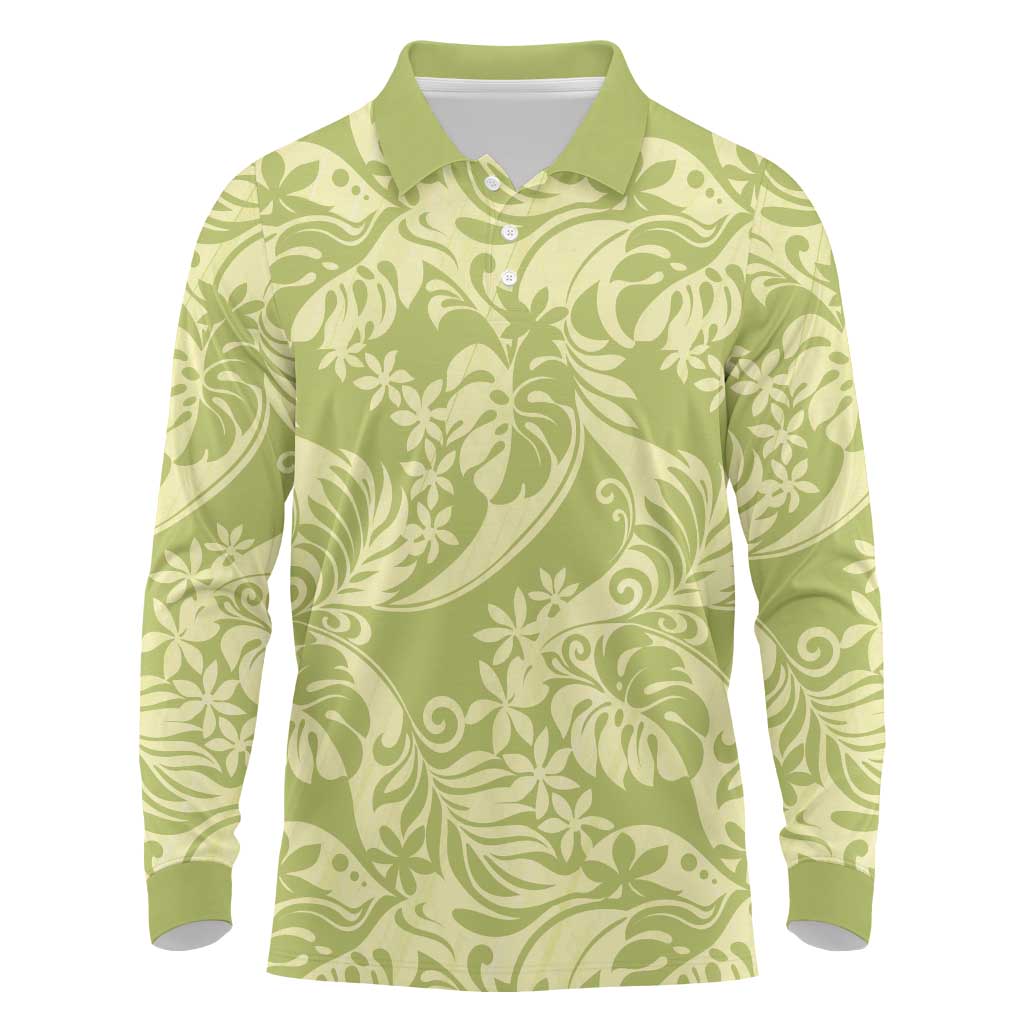 Tahiti Olive Tiare Floral Long Sleeve Polo Shirt Monstera Palm Tropical Leaves - Polynesian Pride