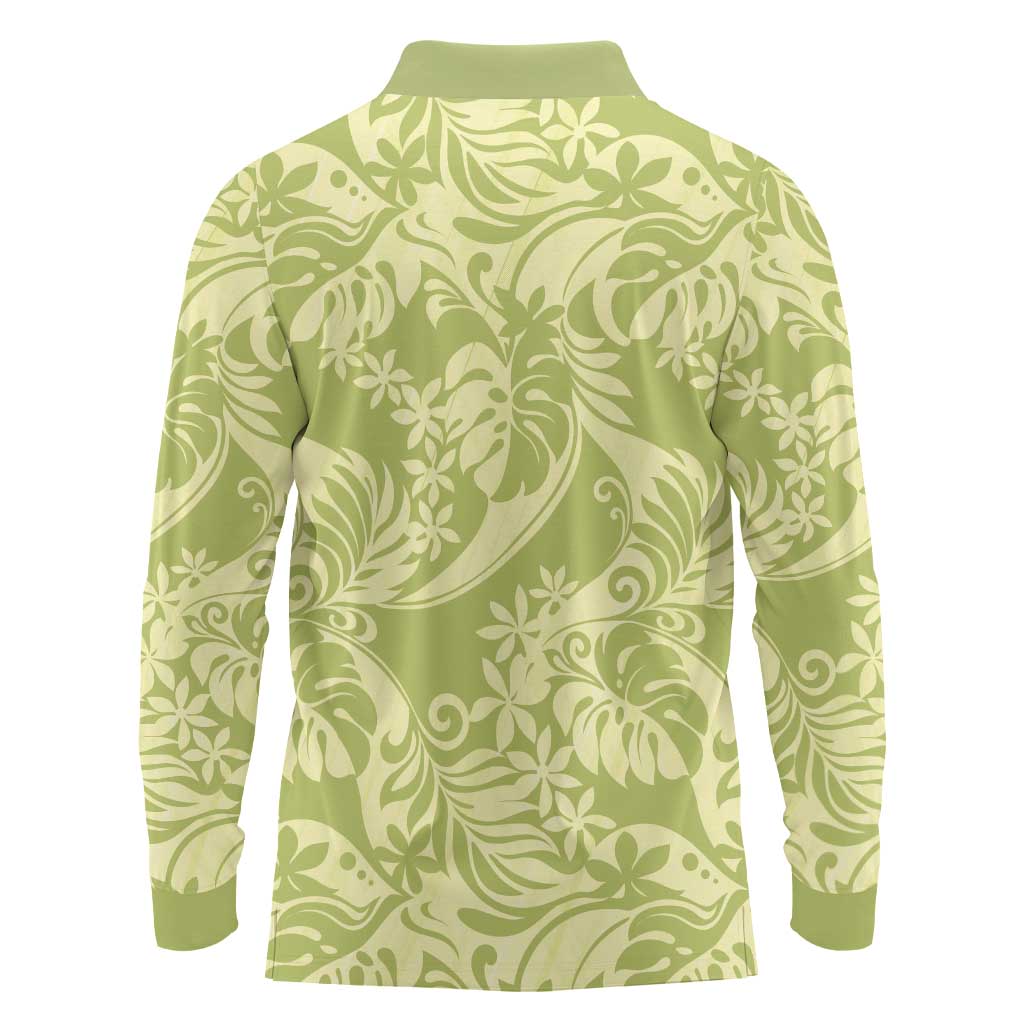 Tahiti Olive Tiare Floral Long Sleeve Polo Shirt Monstera Palm Tropical Leaves - Polynesian Pride