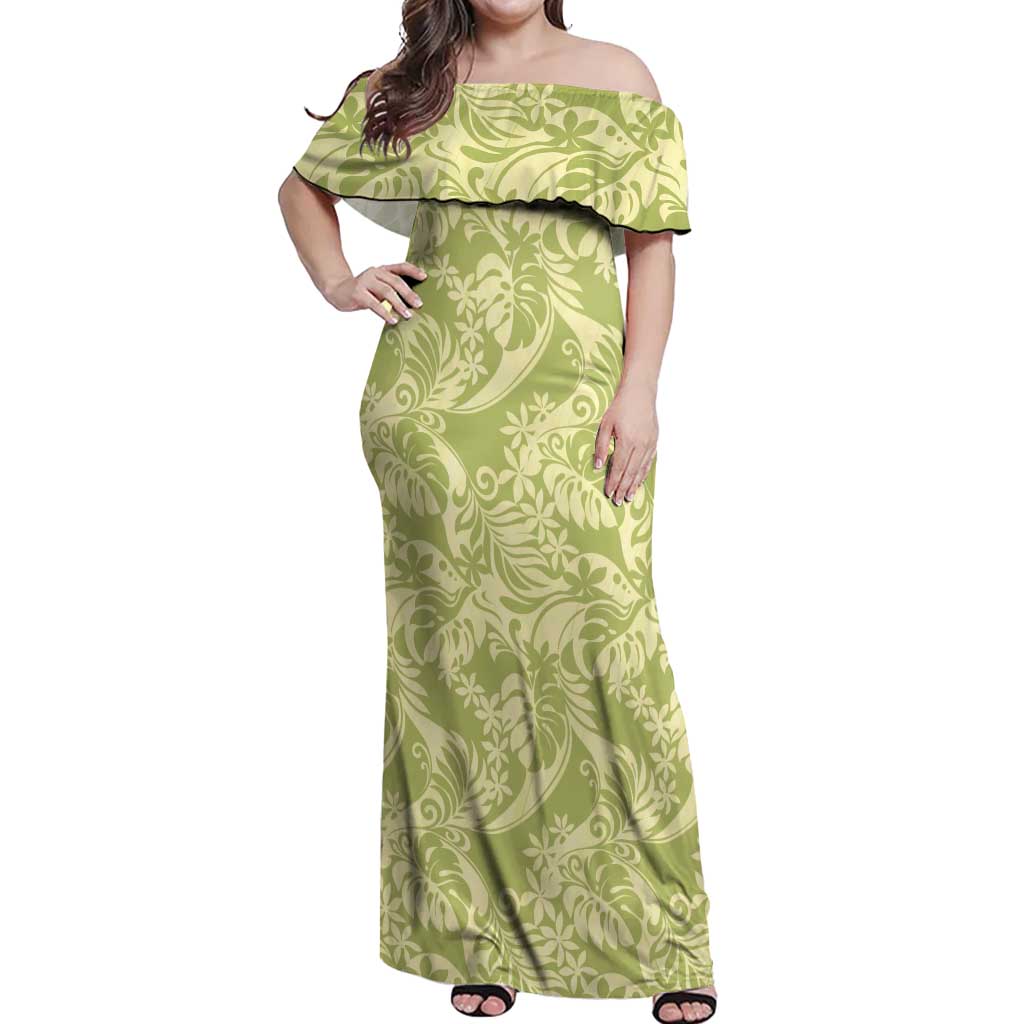 Tahiti Olive Tiare Floral Off Shoulder Maxi Dress Monstera Palm Tropical Leaves - Polynesian Pride
