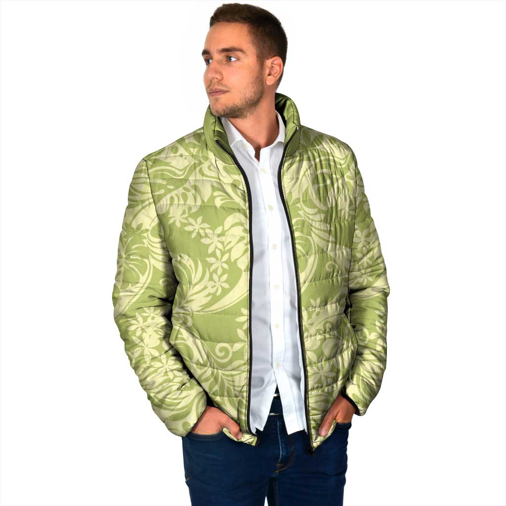 Tahiti Olive Tiare Floral Padded Jacket Monstera Palm Tropical Leaves - Polynesian Pride