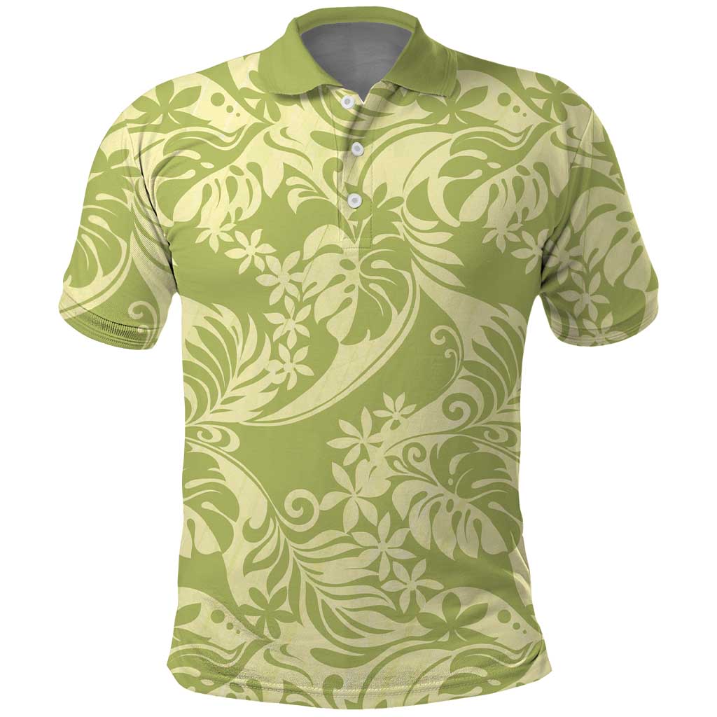 Tahiti Olive Tiare Floral Polo Shirt Monstera Palm Tropical Leaves - Polynesian Pride