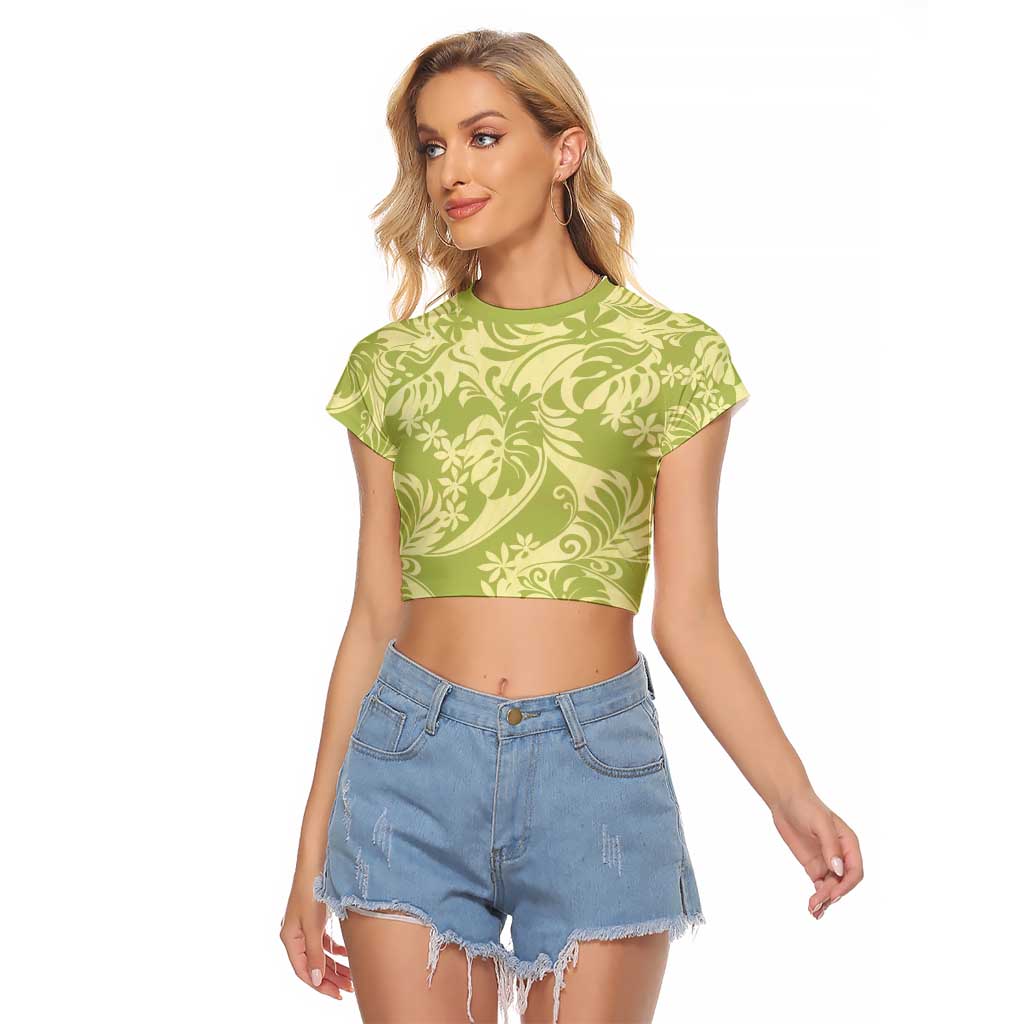 Tahiti Olive Tiare Floral Raglan Cropped T Shirt Monstera Palm Tropical Leaves - Polynesian Pride