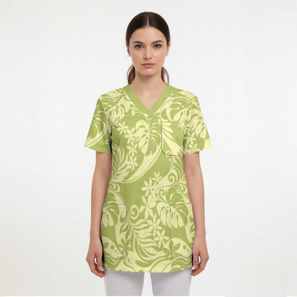 Tahiti Olive Tiare Floral Scrub Top Monstera Palm Tropical Leaves - Polynesian Pride