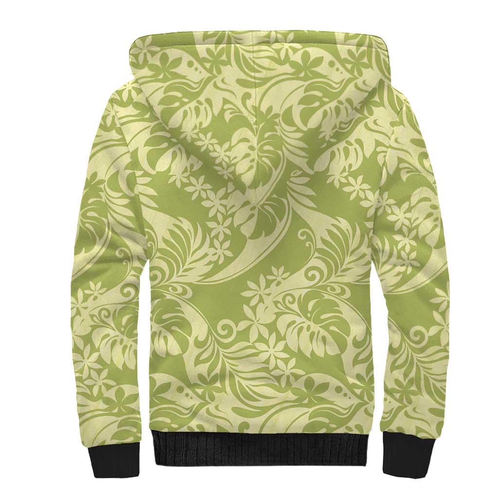 Tahiti Olive Tiare Floral Sherpa Hoodie Monstera Palm Tropical Leaves - Polynesian Pride