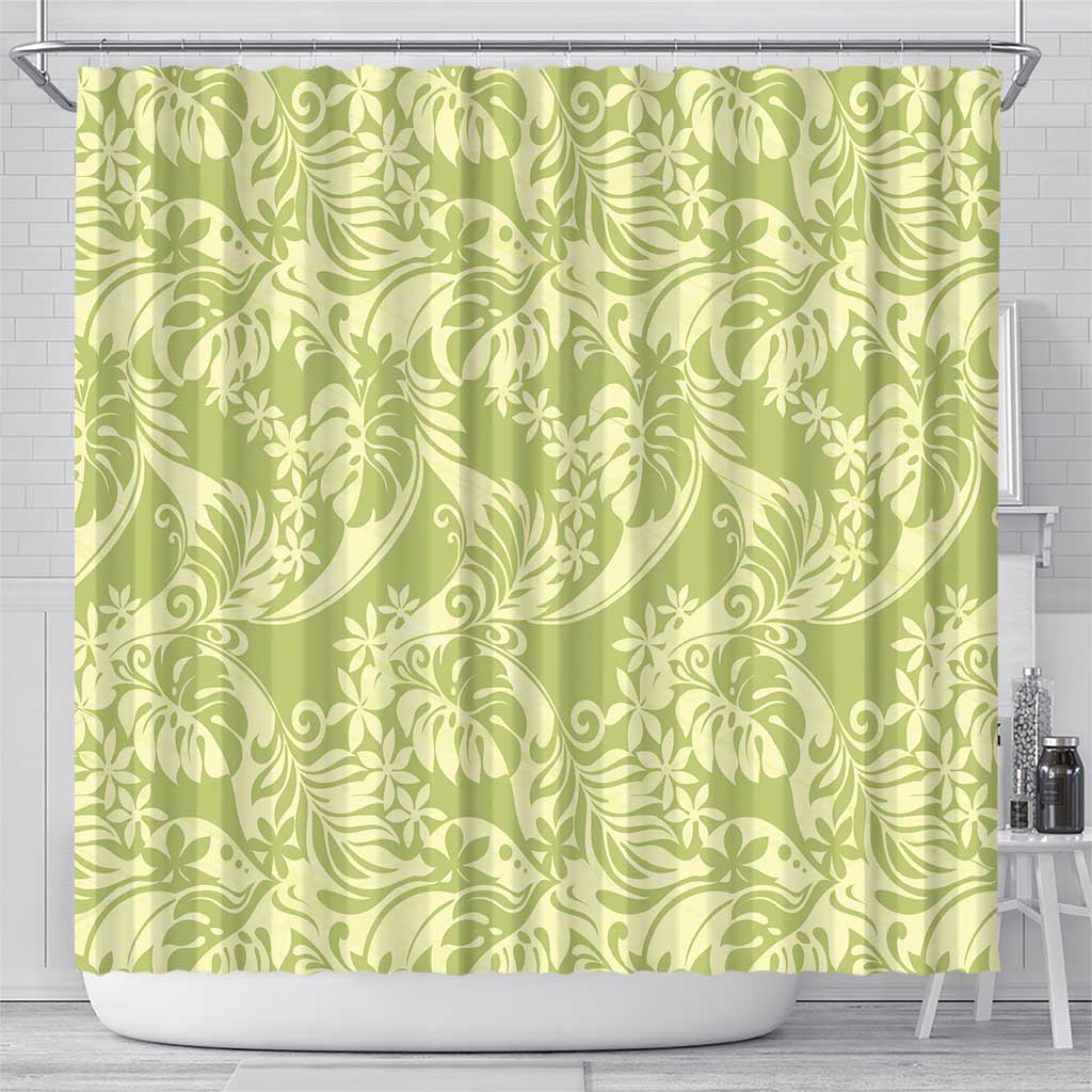 Tahiti Olive Tiare Floral Shower Curtain Monstera Palm Tropical Leaves - Polynesian Pride