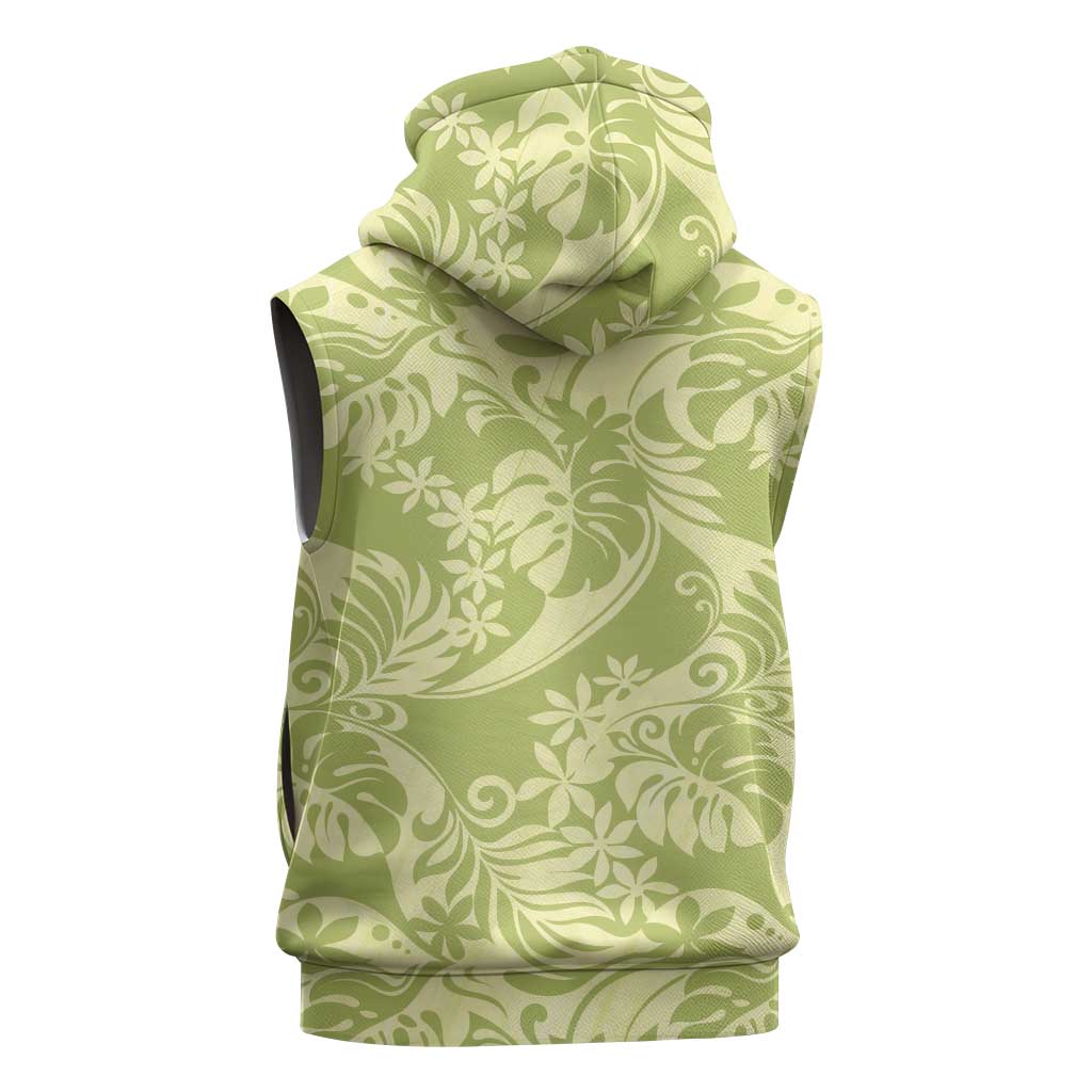 Tahiti Olive Tiare Floral Sleeveless Hoodie Monstera Palm Tropical Leaves - Polynesian Pride