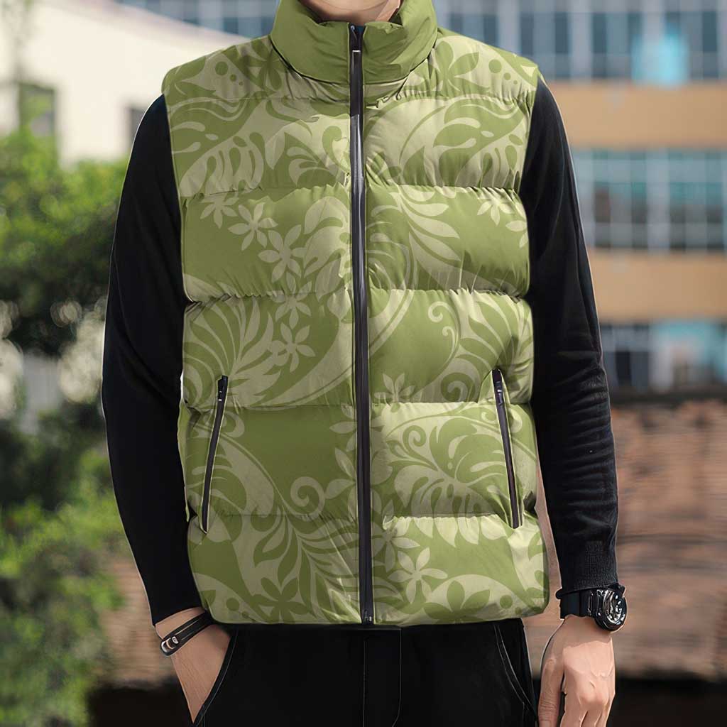 Tahiti Olive Tiare Floral Sleeveless Puffer Jacket Monstera Palm Tropical Leaves - Polynesian Pride
