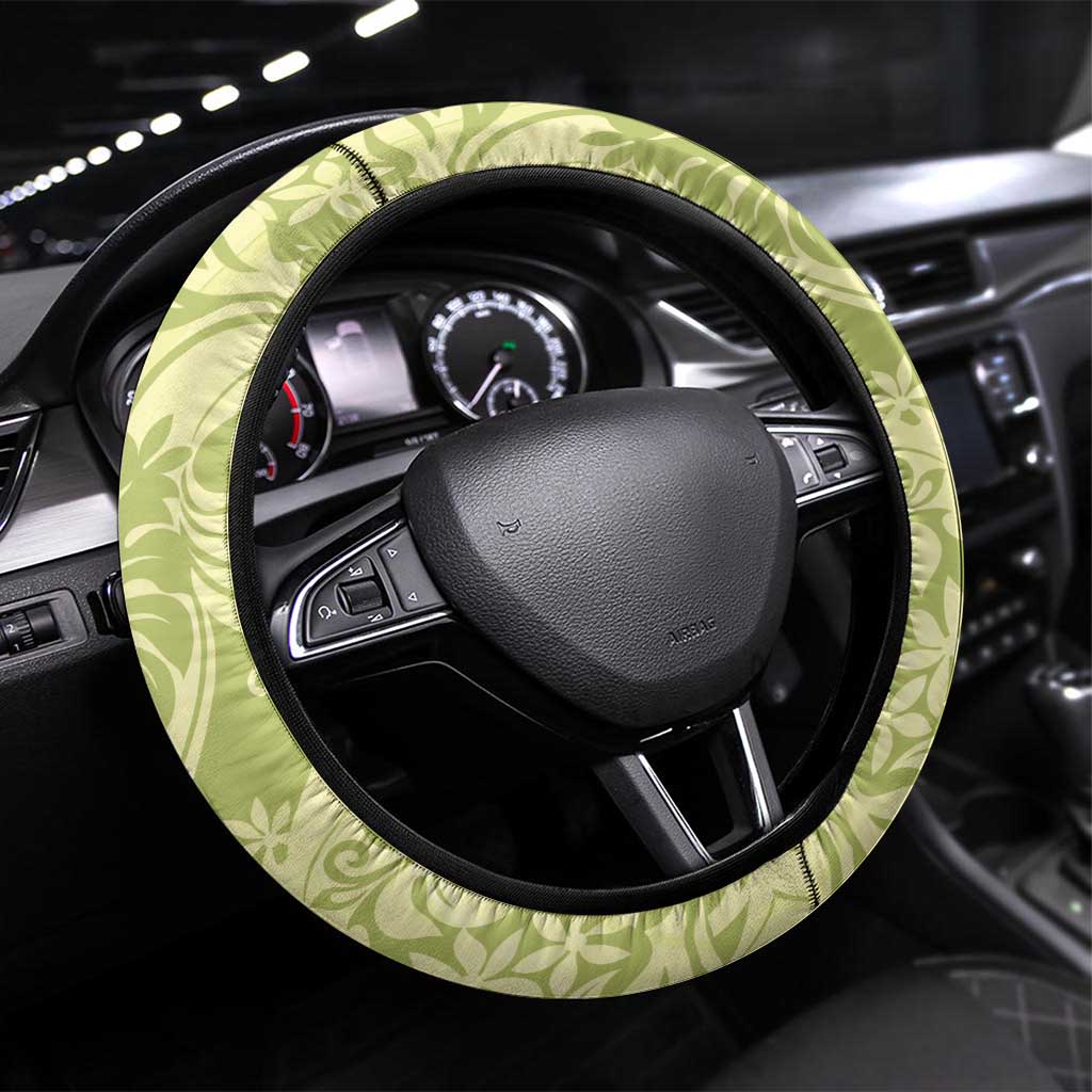 Tahiti Olive Tiare Floral Steering Wheel Cover Monstera Palm Tropical Leaves - Polynesian Pride
