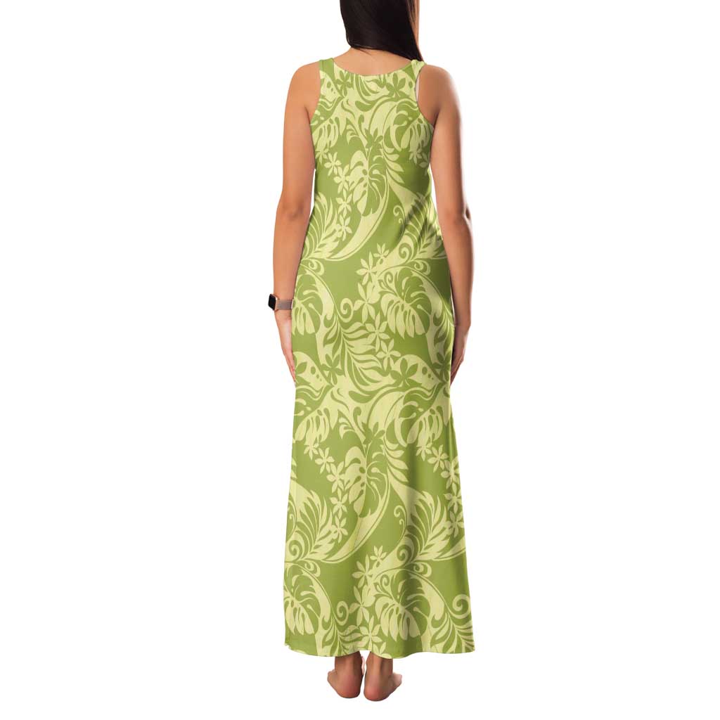 Tahiti Olive Tiare Floral Tank Maxi Dress Monstera Palm Tropical Leaves - Polynesian Pride