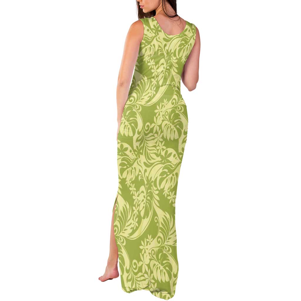 Tahiti Olive Tiare Floral Tank Maxi Dress Monstera Palm Tropical Leaves - Polynesian Pride