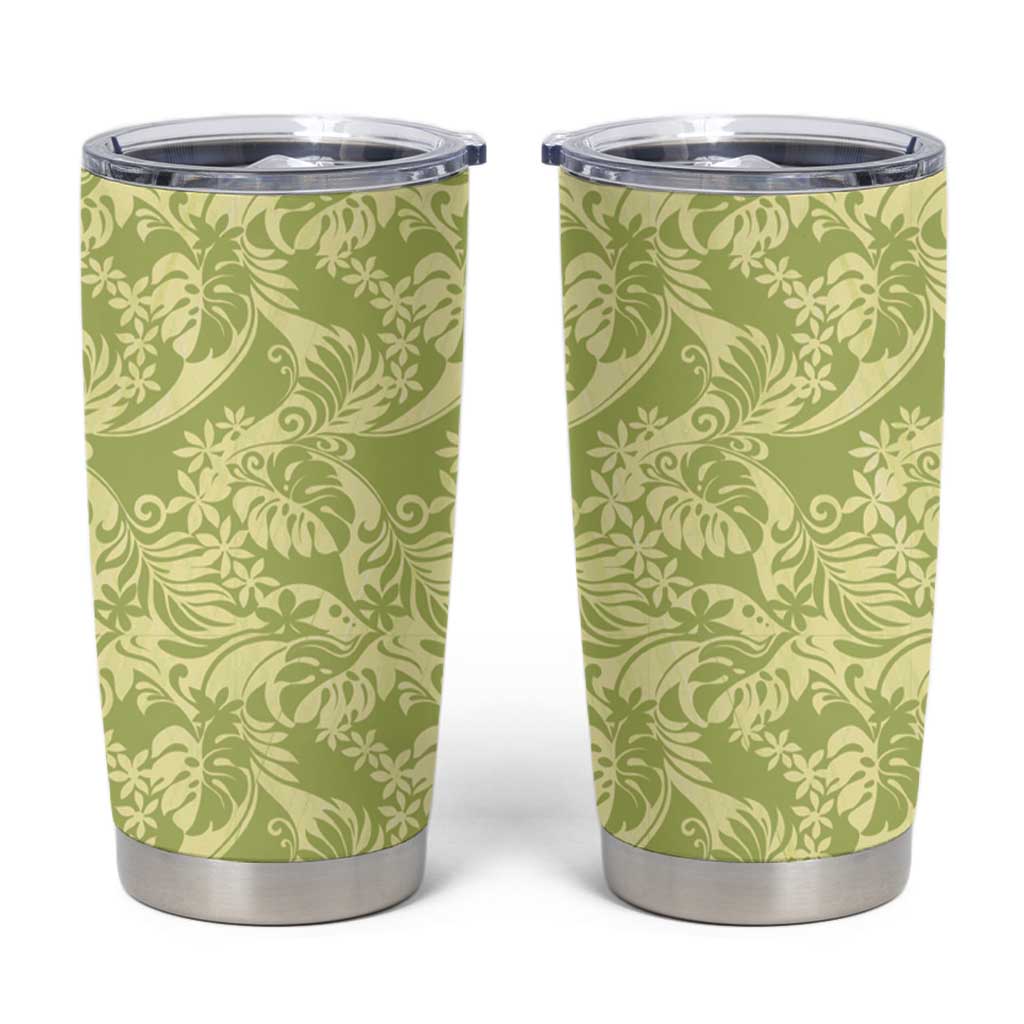 Tahiti Olive Tiare Floral Tumbler Cup Monstera Palm Tropical Leaves - Polynesian Pride