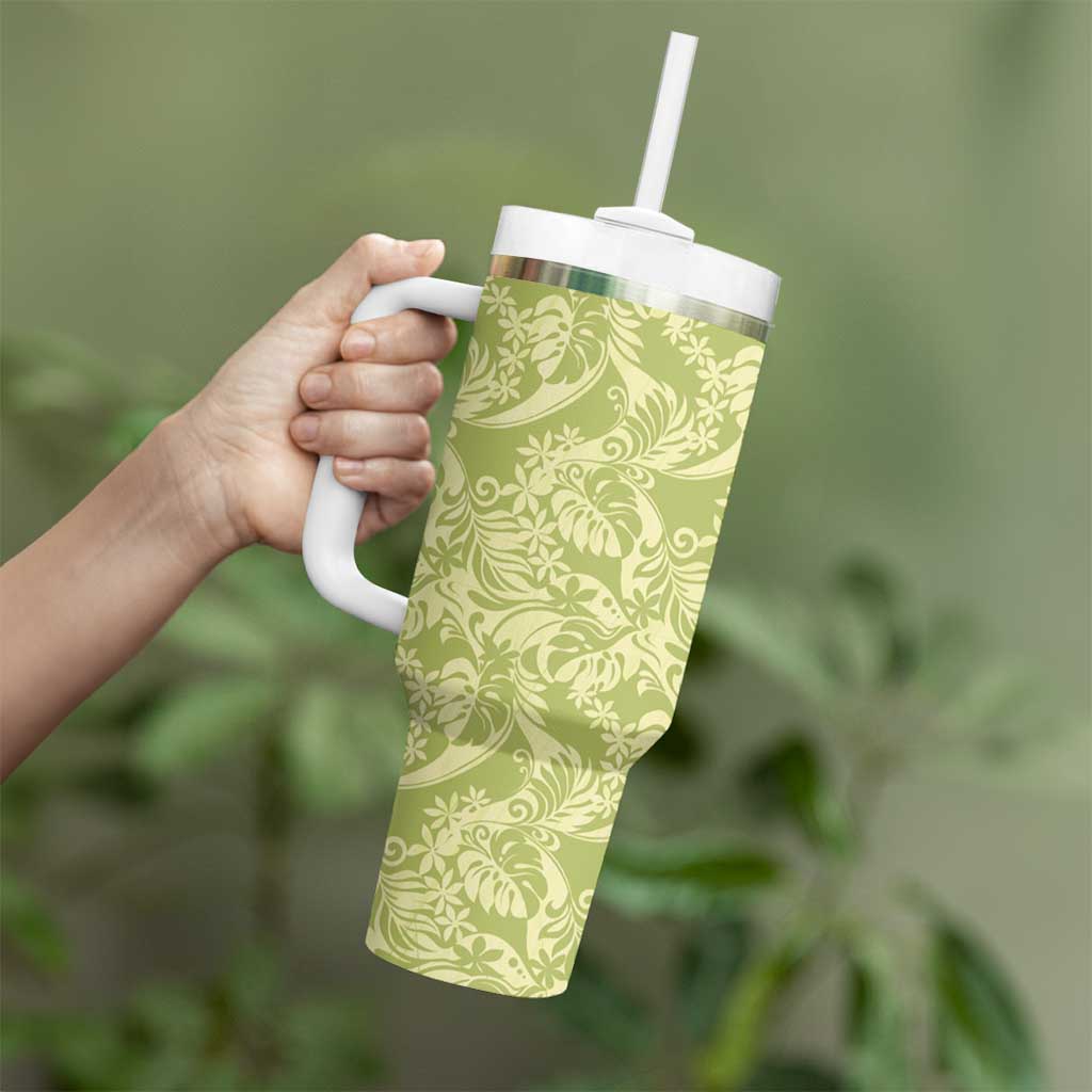 Tahiti Olive Tiare Floral Tumbler With Handle Monstera Palm Tropical Leaves - Polynesian Pride