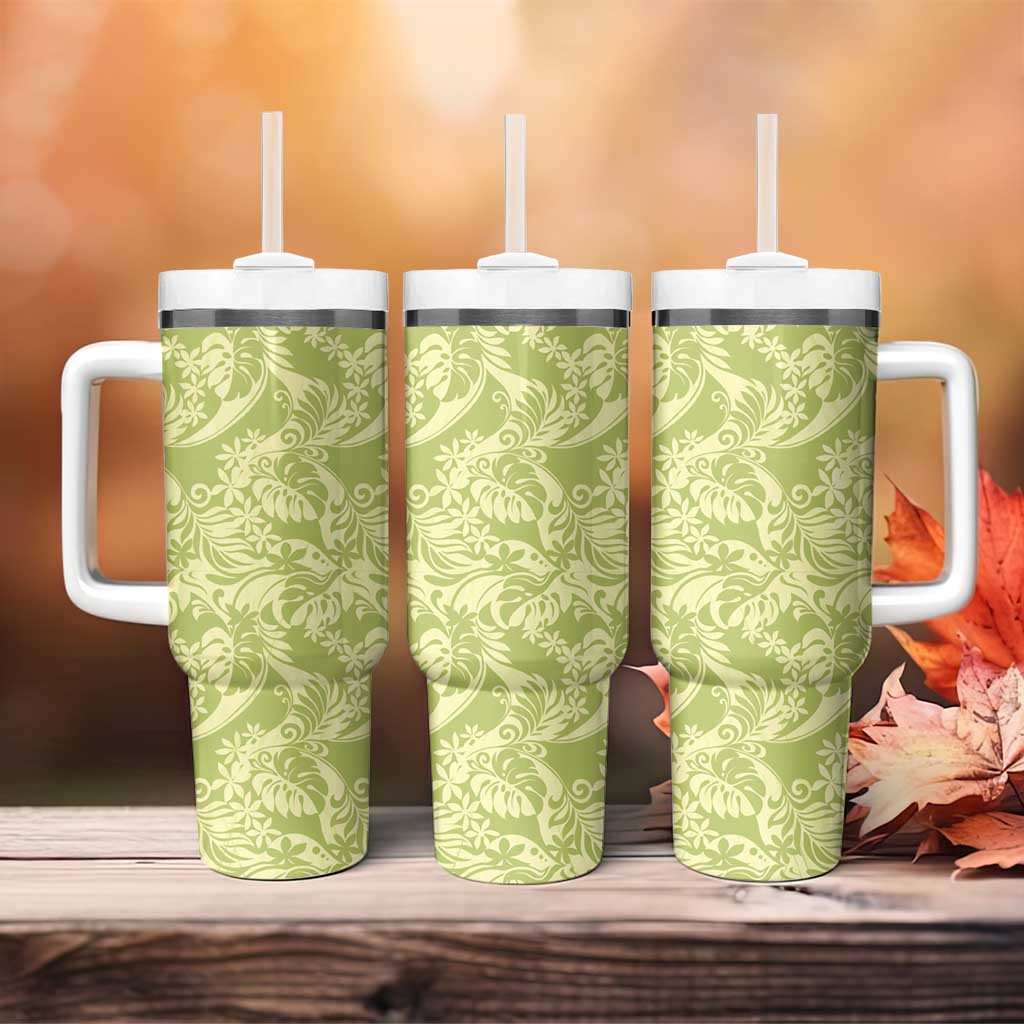 Tahiti Olive Tiare Floral Tumbler With Handle Monstera Palm Tropical Leaves - Polynesian Pride