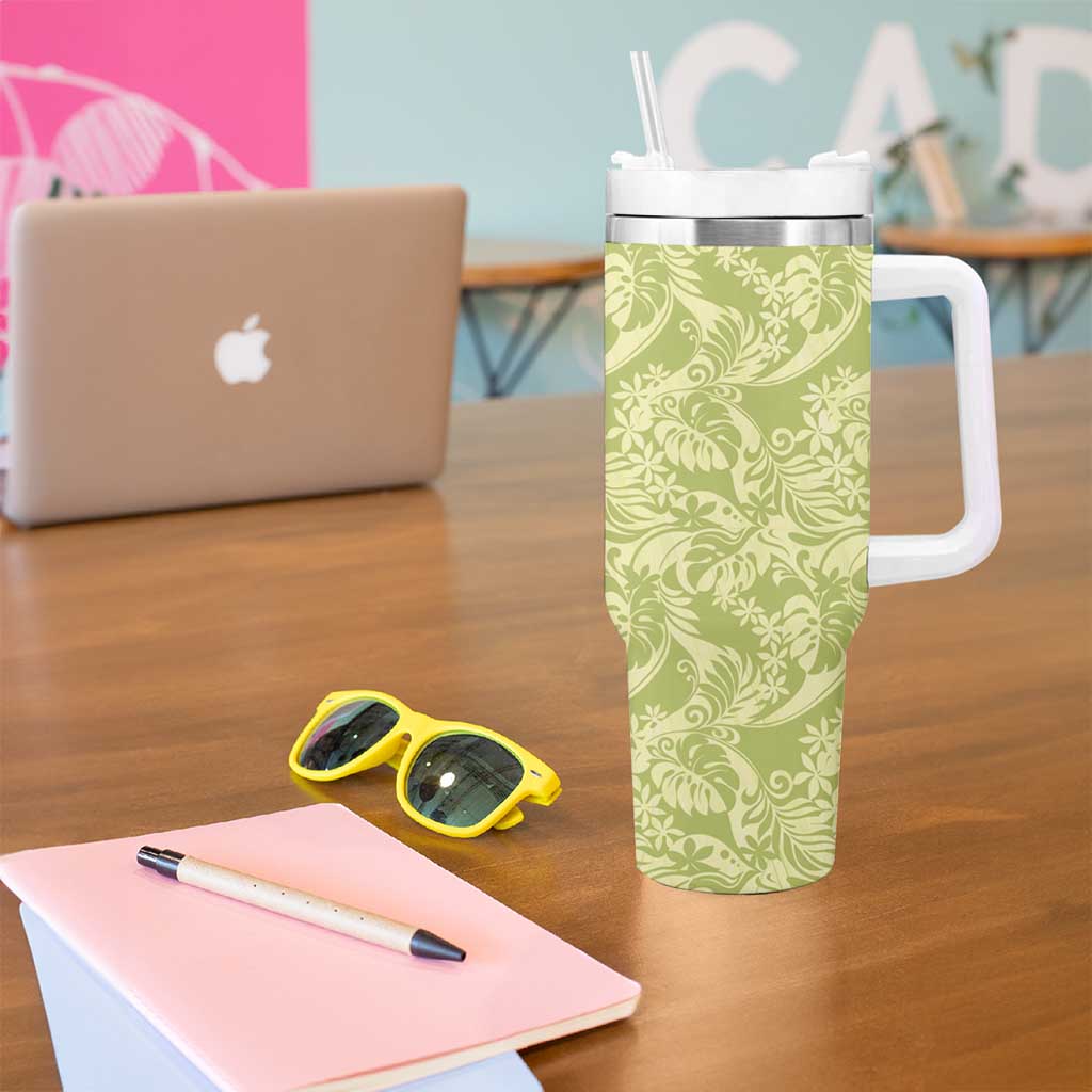 Tahiti Olive Tiare Floral Tumbler With Handle Monstera Palm Tropical Leaves - Polynesian Pride