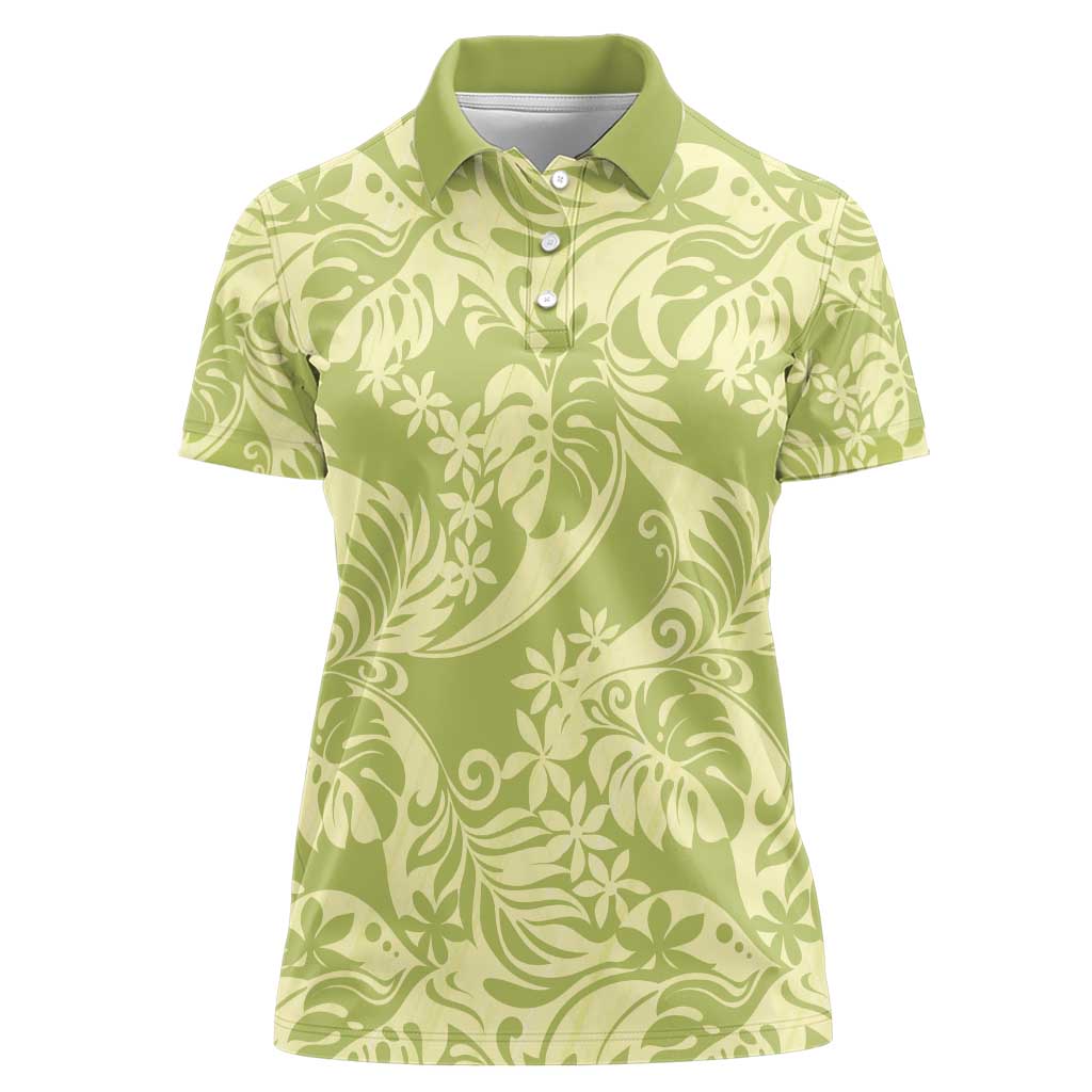 Tahiti Olive Tiare Floral Women Polo Shirt Monstera Palm Tropical Leaves - Polynesian Pride