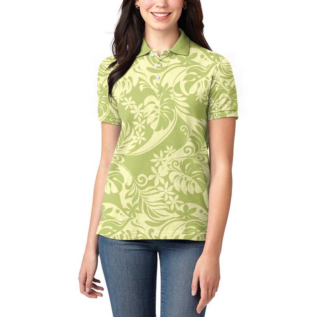 Tahiti Olive Tiare Floral Women Polo Shirt Monstera Palm Tropical Leaves - Polynesian Pride