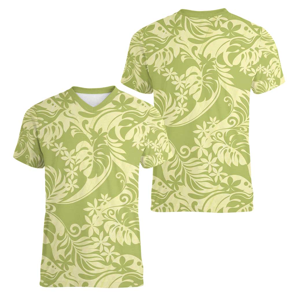 Tahiti Olive Tiare Floral Women V-Neck T-Shirt Monstera Palm Tropical Leaves - Polynesian Pride