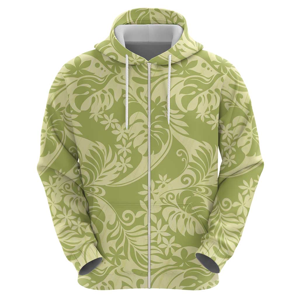 Tahiti Olive Tiare Floral Zip Hoodie Monstera Palm Tropical Leaves - Polynesian Pride