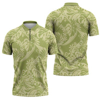 Tahiti Olive Tiare Floral Zipper Polo Shirt Monstera Palm Tropical Leaves - Polynesian Pride