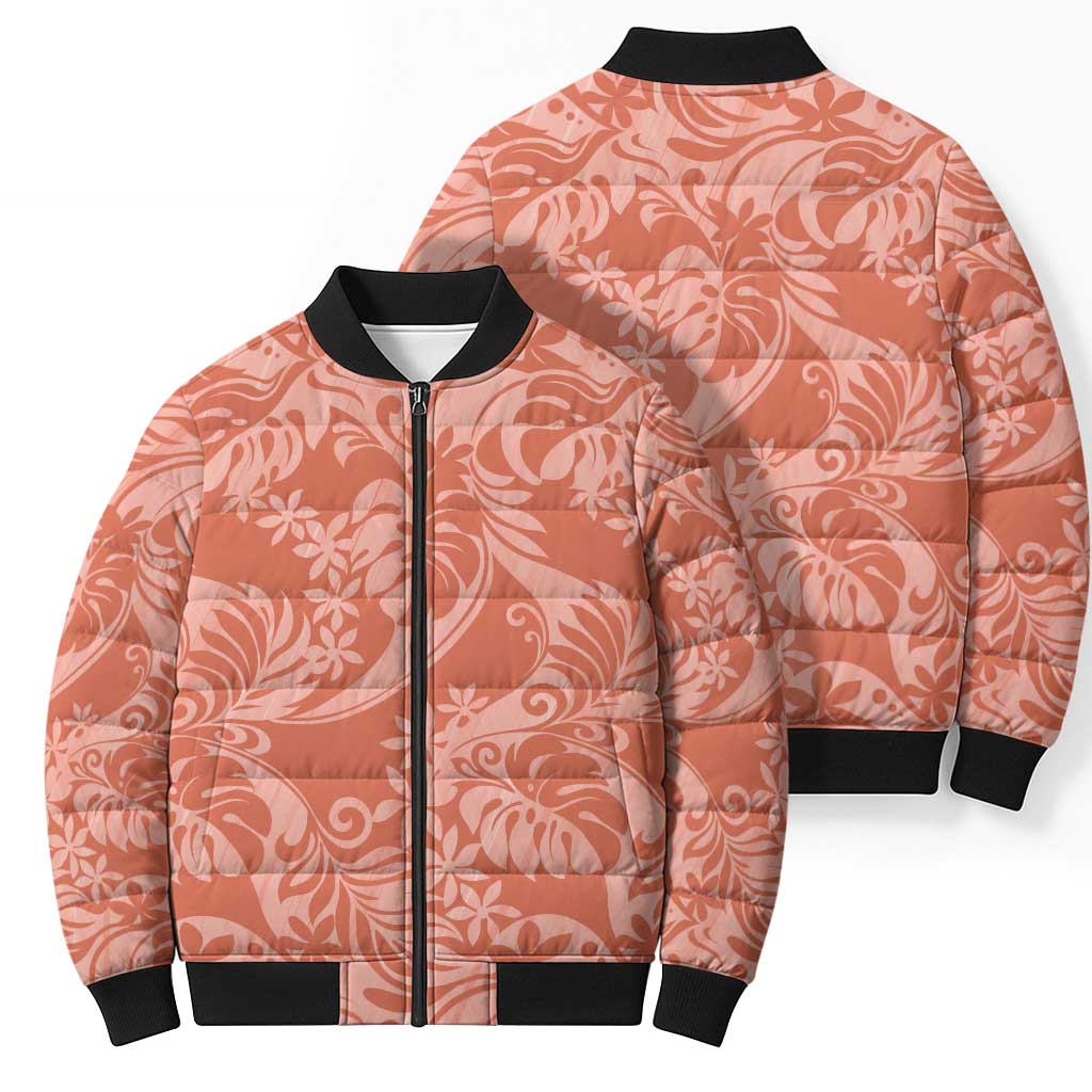 Tahiti Puatou Tiare Floral Bomber Puffer Jacket Monstera Palm Tropical Leaves - Polynesian Pride