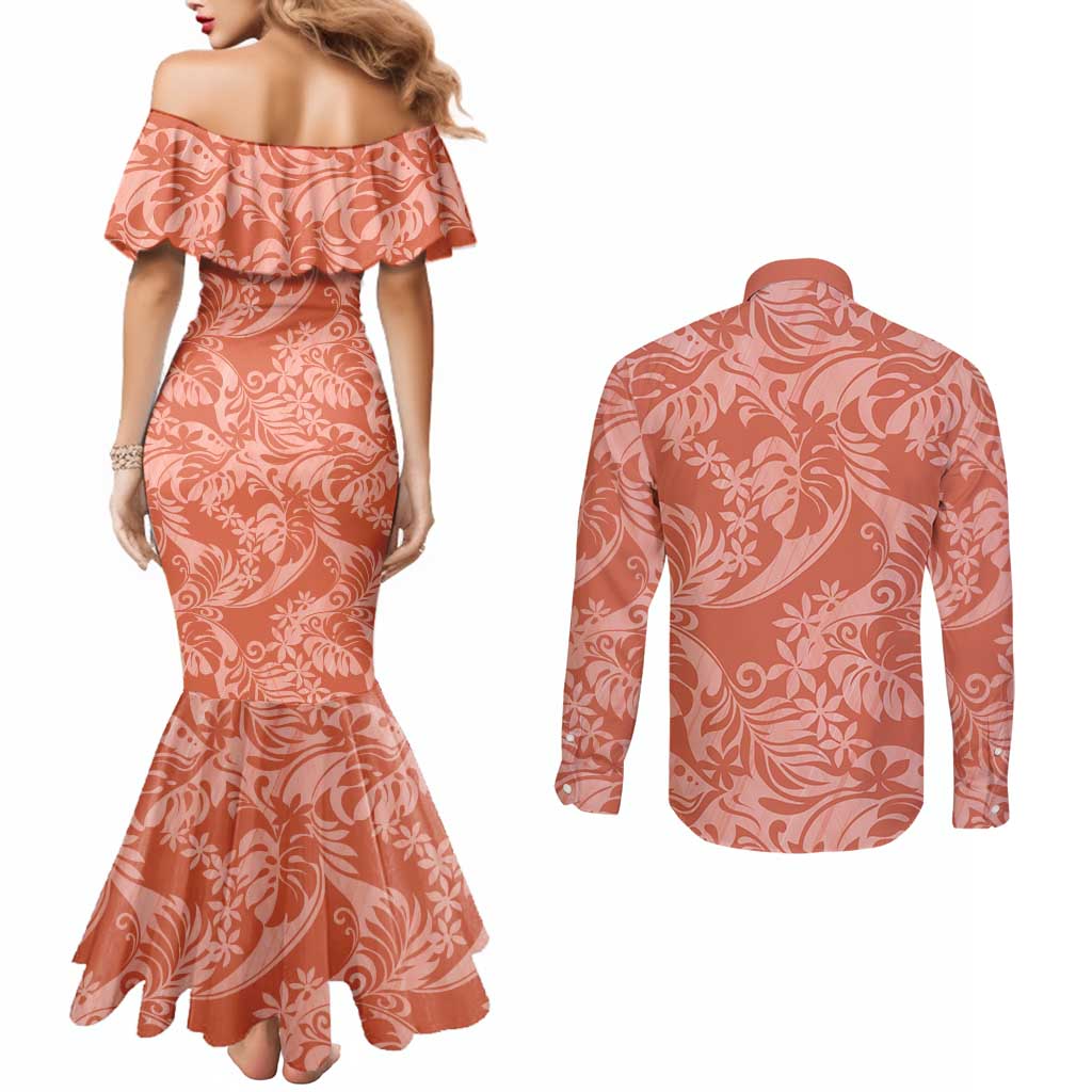 Tahiti Puatou Tiare Floral Couples Matching Mermaid Dress and Long Sleeve Button Shirt Monstera Palm Tropical Leaves LT01 - Polynesian Pride
