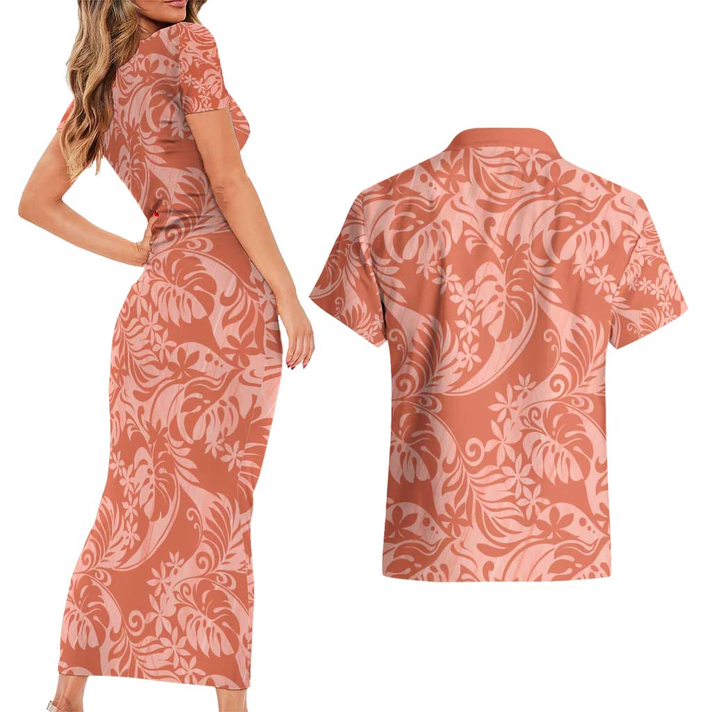 Tahiti Puatou Tiare Floral Couples Matching Short Sleeve Bodycon Dress and Hawaiian Shirt Monstera Palm Tropical Leaves - Polynesian Pride