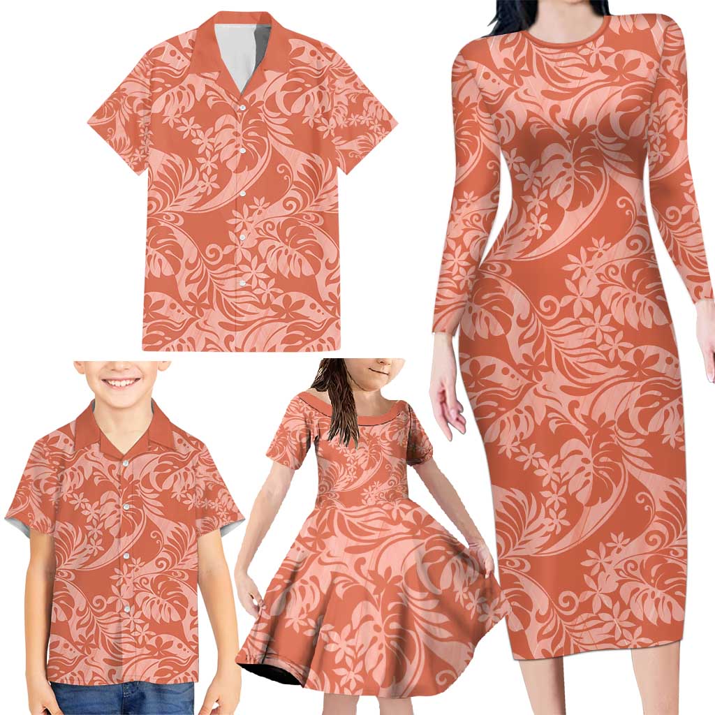 Tahiti Puatou Tiare Floral Family Matching Long Sleeve Bodycon Dress and Hawaiian Shirt Monstera Palm Tropical Leaves - Polynesian Pride