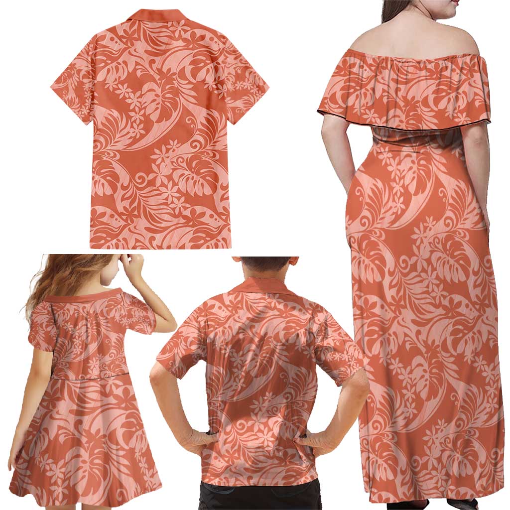 Tahiti Puatou Tiare Floral Family Matching Off Shoulder Maxi Dress and Hawaiian Shirt Monstera Palm Tropical Leaves - Polynesian Pride