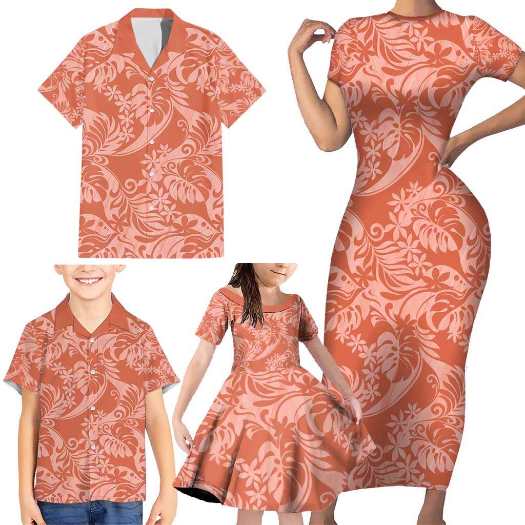 Tahiti Puatou Tiare Floral Family Matching Short Sleeve Bodycon Dress and Hawaiian Shirt Monstera Palm Tropical Leaves - Polynesian Pride