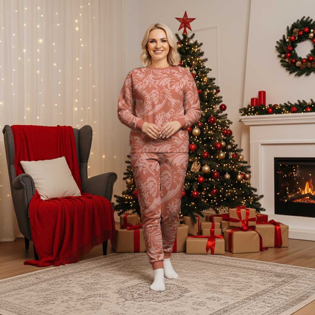 Tahiti Puatou Tiare Floral Christmas Pajama Set Monstera Palm Tropical Leaves - Polynesian Pride